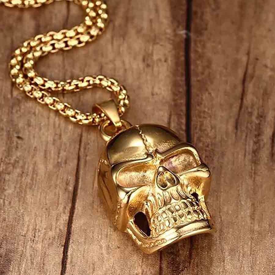 Goldener Totenkopf-Anhänger aus Edelstahl mit Halskette vergoldete Skull  Kette